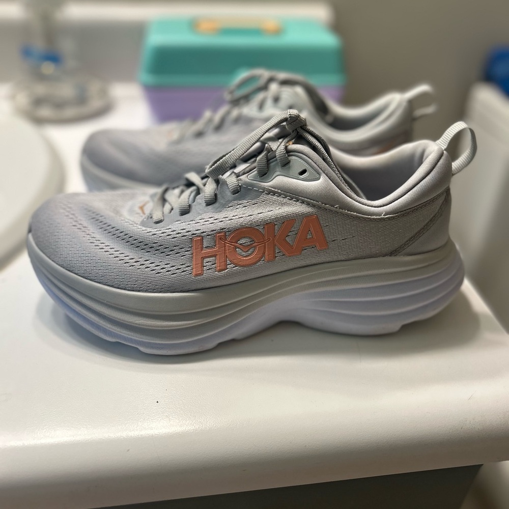 Hoka Bondi 8 in Harbor Mist and Lunar Rock Gray Athletic Shoes Width B